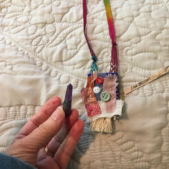 Boho Patchwork Fabric Button Amulet Necklace Art Handmade - Picture 8 of 10